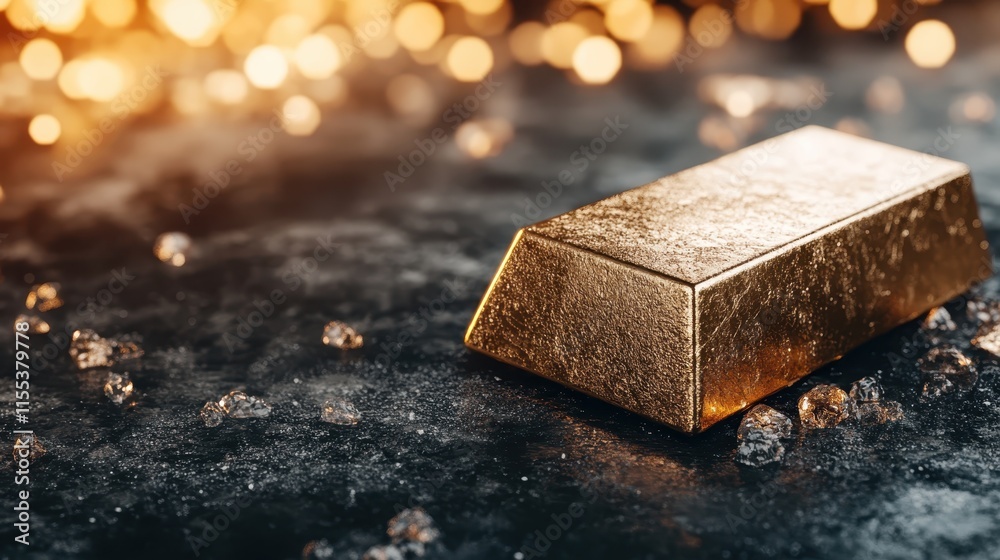 A radiant gold bar positioned on a rustic surface adorned with tiny crystals, surrounded by a warm, inviting aura created by soft, glowing bokeh in the background. A radiant gold bar positioned on a rustic surface adorned with tiny crystals, surrounded by a warm, inviting aura created by soft, glowing bokeh in the background.