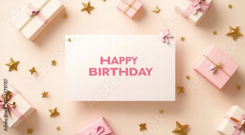 a blank card with space for text, surrounded by small gifts and golden stars on the sides, with pink letters in front saying "HAPPY BIRTHDAY"