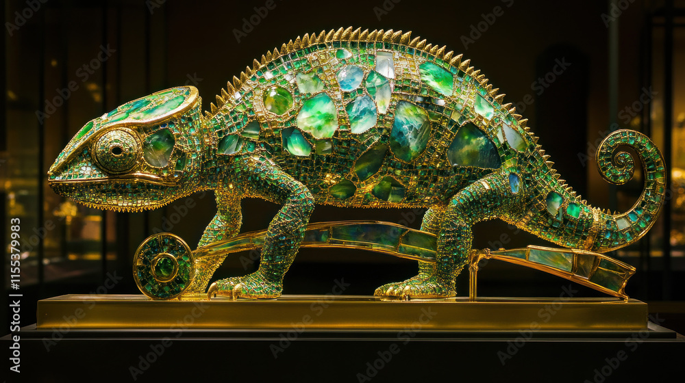 Obraz premium Jeweled chameleon sculpture, gold, green gems.