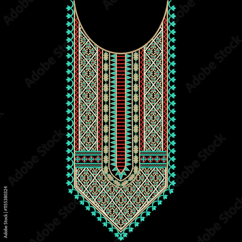 Isolated decorative artwork embroidery neckline design with baroques trendy asian ornaments for digital print on fabric.