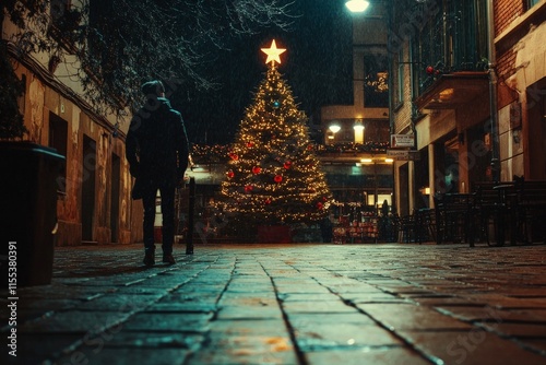 A solitary person approaches a grandly illuminated Christmas tree set amid a snow-laden alley in a city setting, emanating warmth and holiday spirit.