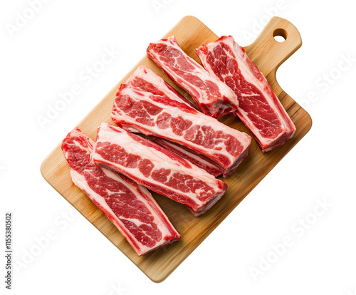raw beef ribs stacked on a cutting board, red meat pieces, beef cuts, cutout png