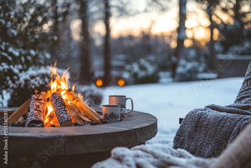 A cozy fire pit warmly burns in a snowy outdoor setting, accompanied by mugs of hot drinks, inviting warmth and relaxation amidst a winter wonderland landscape. photo