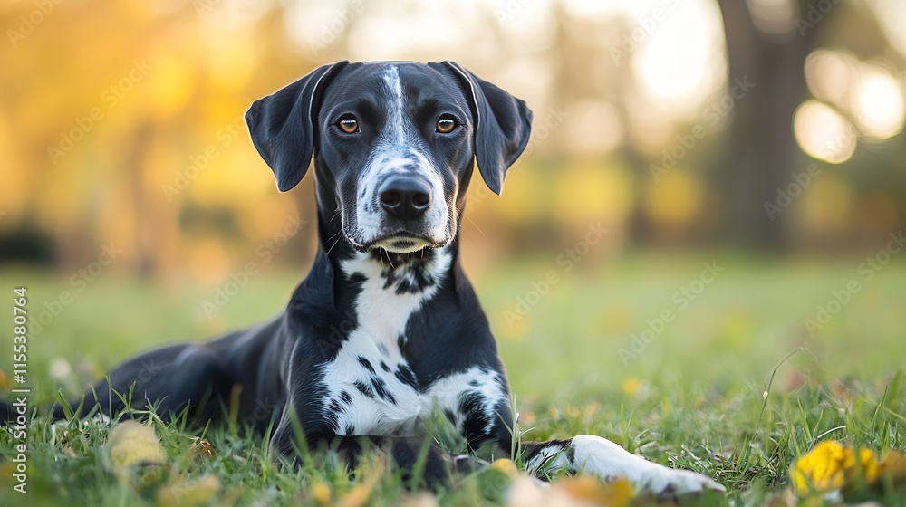 Playful black and white dog with soulful eyes lounging in sunny autumn park : Generative AI Playful black and white dog with soulful eyes lounging in sunny autumn park : Generative AI