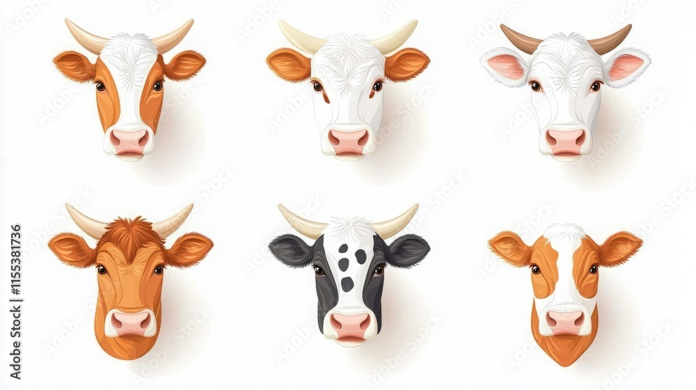 Six colorful cow heads displayed in a grid, showcasing various breeds and expressions, against a clean white background. Six colorful cow heads displayed in a grid, showcasing various breeds and expressions, against a clean white background.