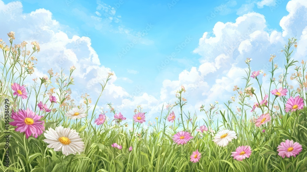 Obraz premium A vibrant field of colorful flowers under a bright blue sky with fluffy clouds, creating a serene and cheerful atmosphere.
