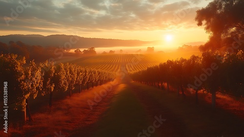 Wallpaper Mural Sunrise over misty vineyard rows. Torontodigital.ca