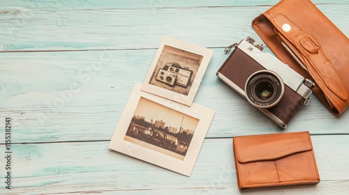 A vintage camera with photographs and a leather case on a rustic wooden surface.