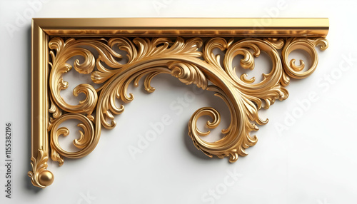 A 3D rendering of a golden corner molding with intricate baroquestyle floral scrollwork. Elegant and luxurious design element for interior decor.