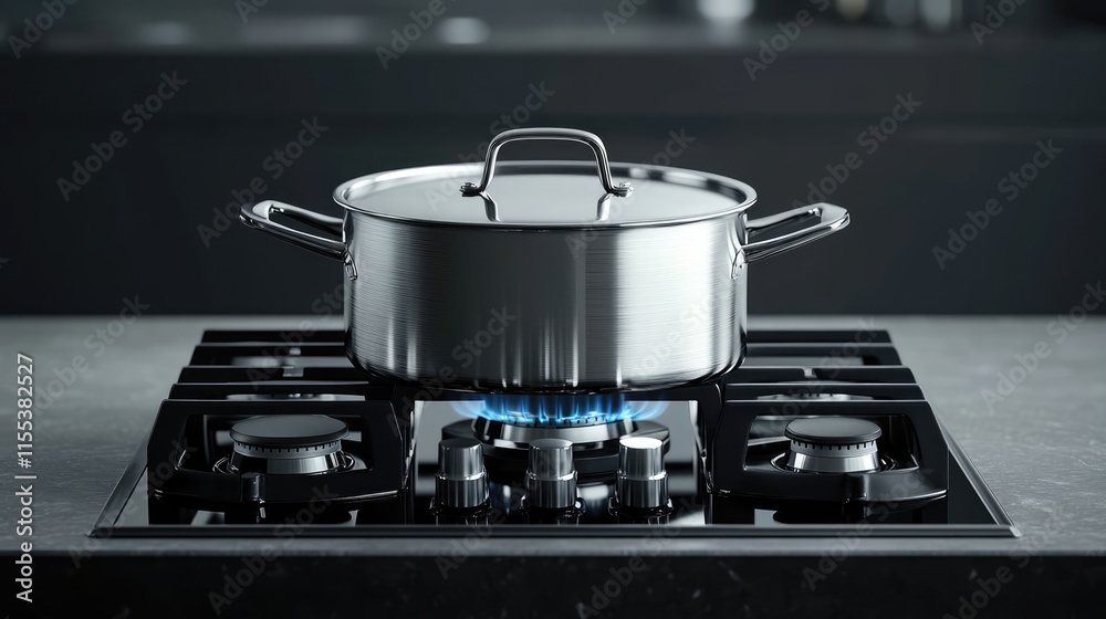 Stainless steel cooking pot on modern gas stove with blue flame showcasing contemporary kitchen appliances and home cooking tools