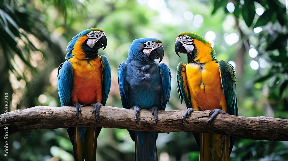 Obraz premium Vibrant Blue and Gold Macaws Resting on Branch in Lush Tropical Jungle : Generative AI