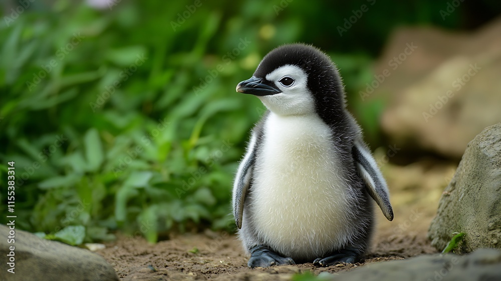 Fototapeta premium Cute Fluffy Penguin Chick Standing on Greenery Surrounded by Rocks : Generative AI