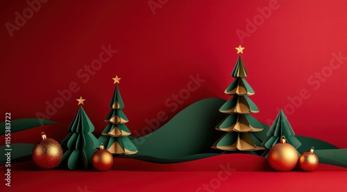 Minimalist red background with three-dimensional paper sculpture of Christmas trees and ornaments