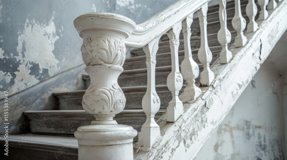 Fototapeta premium Vintage Staircase Handrailing in Historic Building with Decorative White Metal Ornament and Distressed Wall Design Elements Close Up