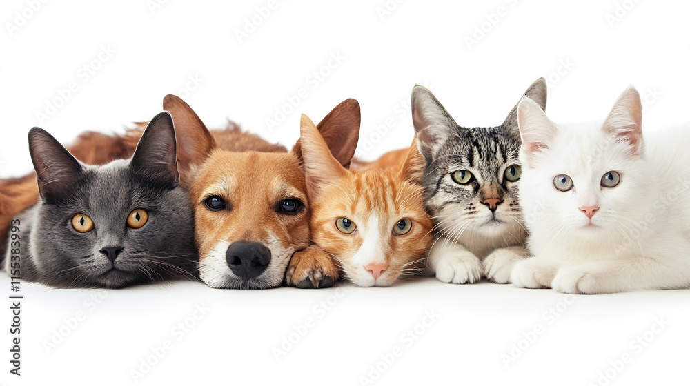 Fototapeta premium Cute Interracial Group of Cats and Dogs Together in Harmony : Generative AI