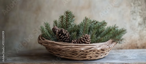 Spruce branches and pine cones in a woven basket creating a cozy and rustic home decor accent for warm interior settings photo