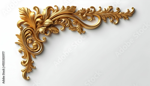 A 3D render of an elegant, golden, ornate corner design element. Baroque style with intricate floral details. Suitable for luxury decor or architecture.