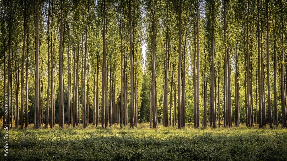 Obraz premium Dense Forest of Tall Tree Trunks Casting Shadows in Serene Woodland Scene : Generative AI
