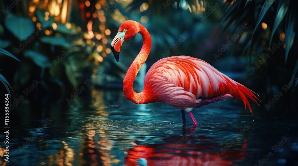 Fototapeta premium A flamboyant flamingo wades through shallow water, its vibrant pink feathers mirrored in the still surface. 