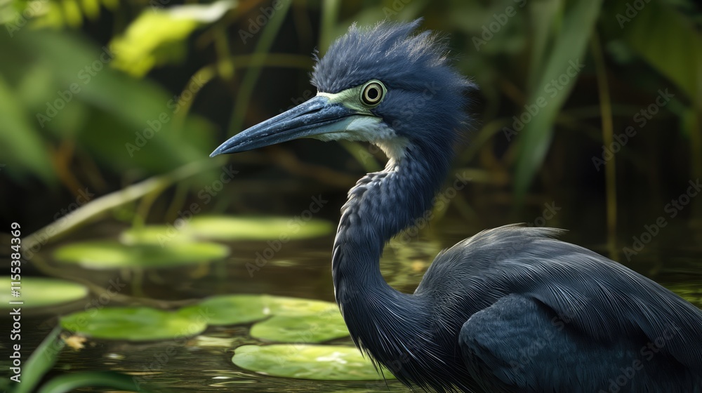 Little Blue Heron hunting for food in a serene pond surrounded by lush greenery and lily pads. Little Blue Heron hunting for food in a serene pond surrounded by lush greenery and lily pads.