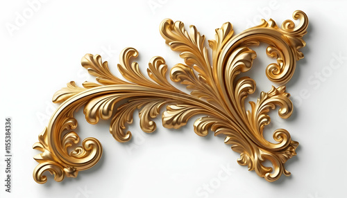 A 3D rendering of a golden, ornate, baroquestyle decorative element. Intricate floral motifs and swirling patterns showcase rococo elegance. Ideal for design inspiration.