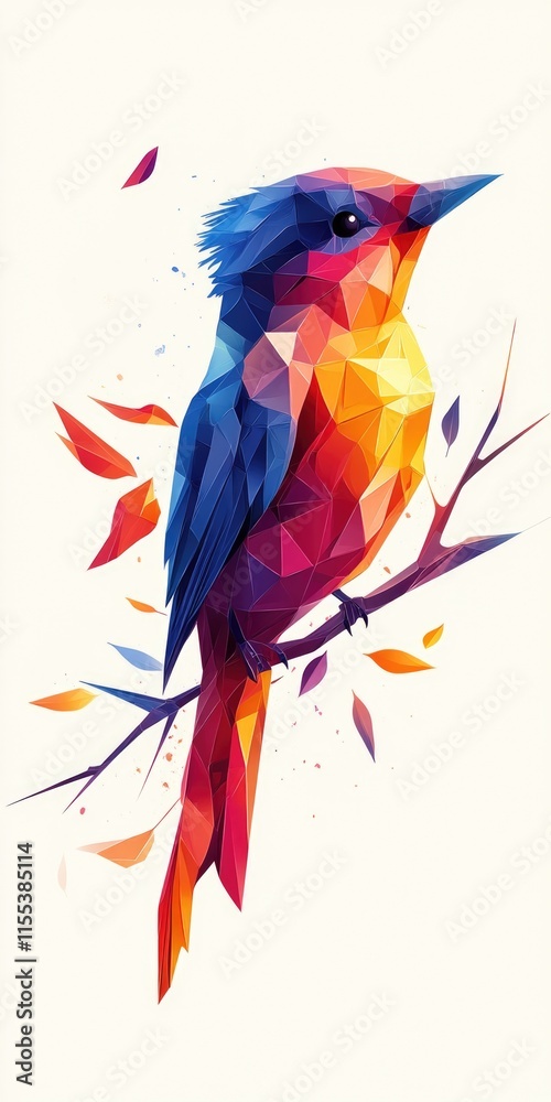 Obraz premium Colorful polygonal bird perched on a branch surrounded by autumn leaves mobile phone wallpaper