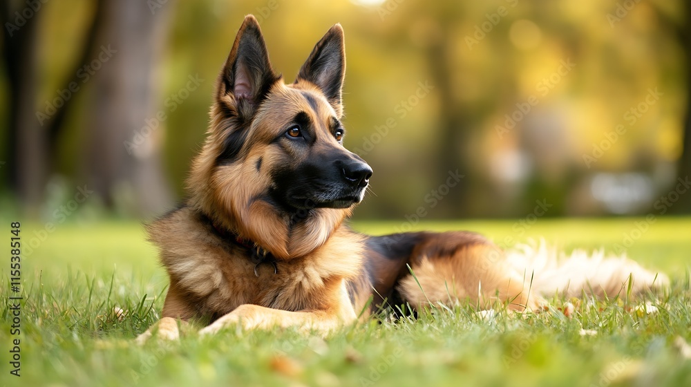 Beautiful German Shepherd dog lying on grass with golden autumn leaves in the background : Generative AI Beautiful German Shepherd dog lying on grass with golden autumn leaves in the background : Generative AI