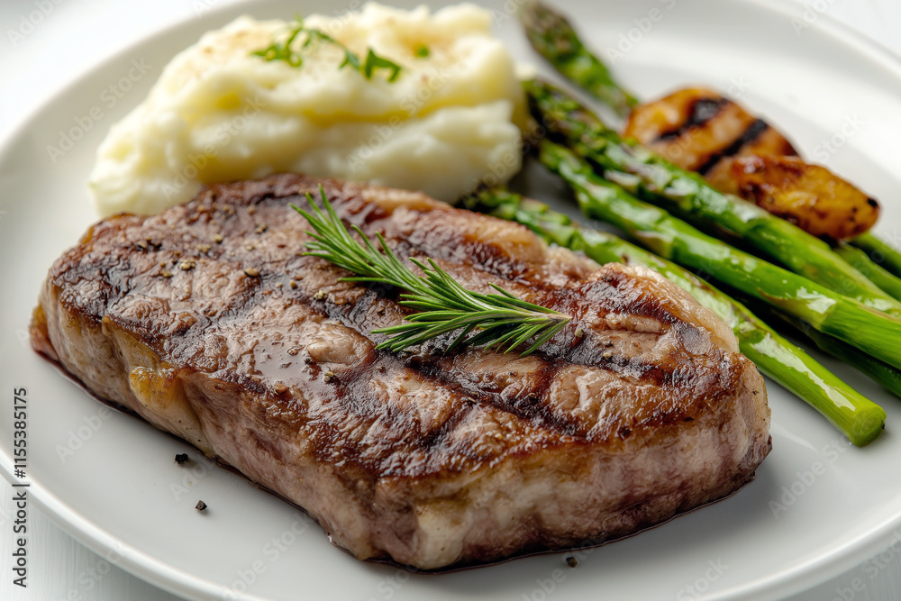 Gourmet Wagyu beef steak served medium rare with mashed potatoes and grilled asparagus, plated in a fine dining restaurant. Gourmet Wagyu beef steak served medium rare with mashed potatoes and grilled asparagus, plated in a fine dining restaurant.