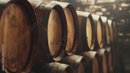 Rustic stacked wooden wine barrels in a dimly lit cellar showcasing traditional aging techniques and artisanal craftsmanship photo