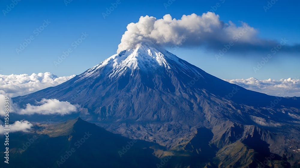 Aerial View of Majestic Volcano with Erupting Smoke Against Blue Sky : Generative AI Aerial View of Majestic Volcano with Erupting Smoke Against Blue Sky : Generative AI