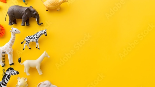 A group of toy animal figurines on a yellow background. photo