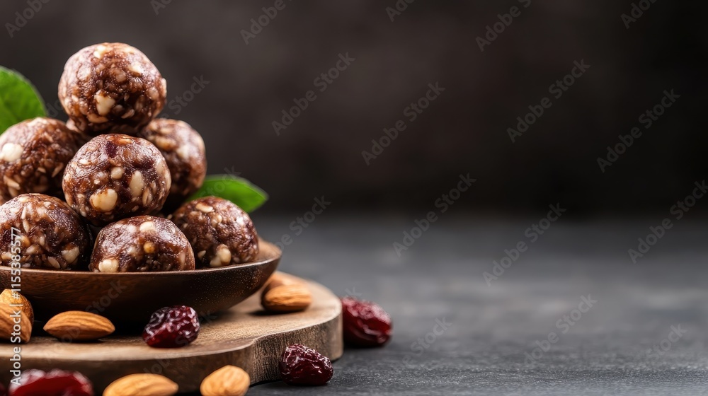 A stack of delicious, homemade nut and dried fruit energy balls beautifully presented on a wooden plate, surrounded by almonds and raisins on a dark surface. A stack of delicious, homemade nut and dried fruit energy balls beautifully presented on a wooden plate, surrounded by almonds and raisins on a dark surface.