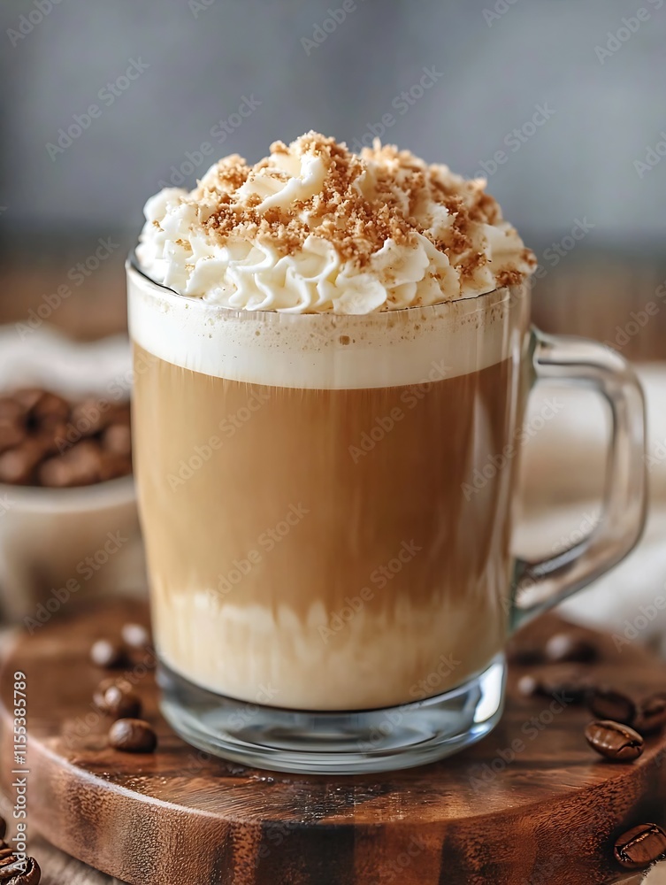 Creamy Latte with Whipped Cream Topping in Rustic Café Setting : Generative AI Creamy Latte with Whipped Cream Topping in Rustic Café Setting : Generative AI