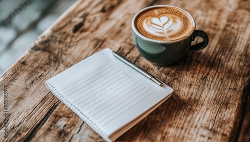 Open Notebook with Lined Paper and Pen Placed on Top of a Cup Filled with Coffee