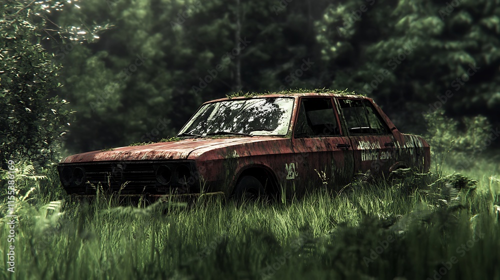 Abandoned vehicle surrounded by dense greenery in rural environment, ideal for decay and forgotten places themes. Abandoned vehicle surrounded by dense greenery in rural environment, ideal for decay and forgotten places themes.