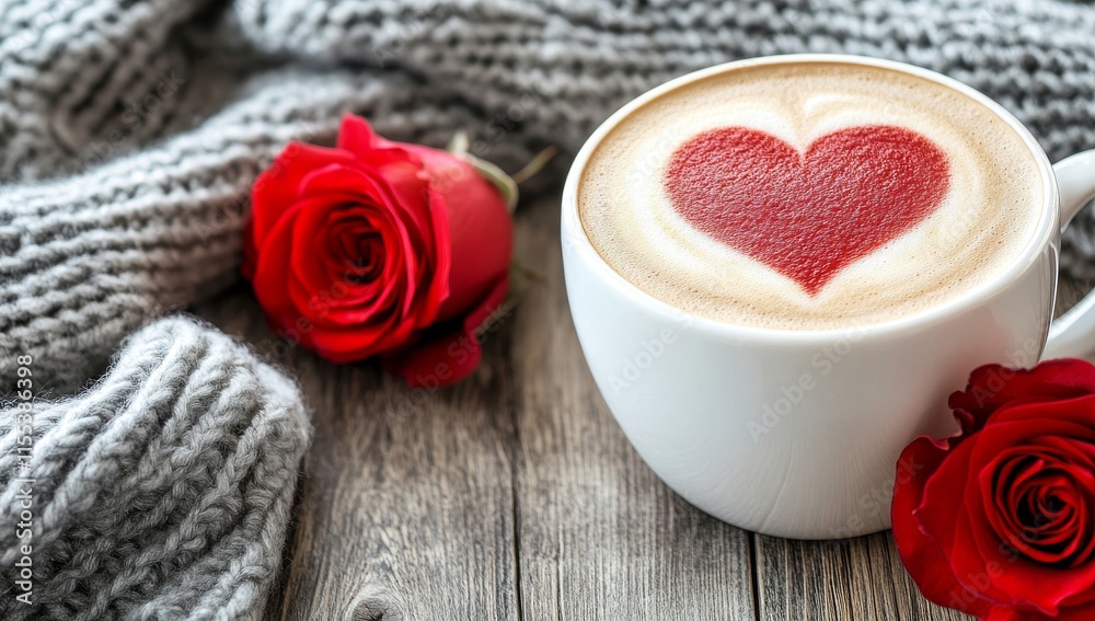Cup of Coffee with Heart Latte Art on Wooden Table, Red Rose and Grey Knitted Blanket, Cozy Atmosphere Cup of Coffee with Heart Latte Art on Wooden Table, Red Rose and Grey Knitted Blanket, Cozy Atmosphere