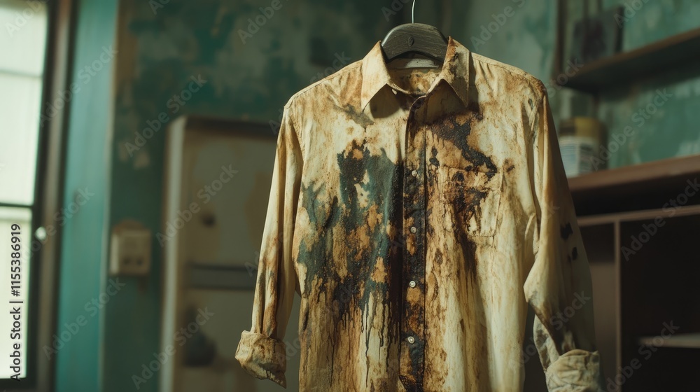 Naklejka premium Stained shirt hanging in a cluttered room highlighting the challenges of tough cleaning tasks and stubborn dirt removal.