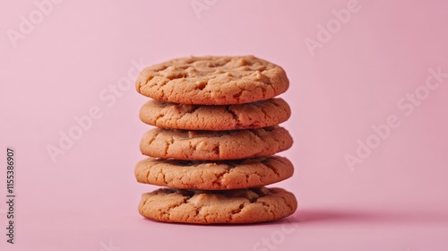 Peanut butter cookie stack against a pastel pink background ideal for desserts and baking themes photo