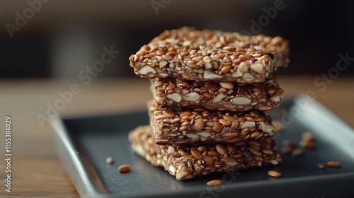 Stack of traditional seed gozinaki bars served on a dark rectangular plate against a blurred background photo