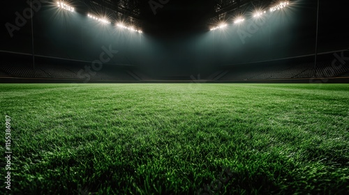 An empty sports stadium with a well-lit green field, showcasing the grandness of modern architecture and anticipation in a silent yet thrilling atmosphere.