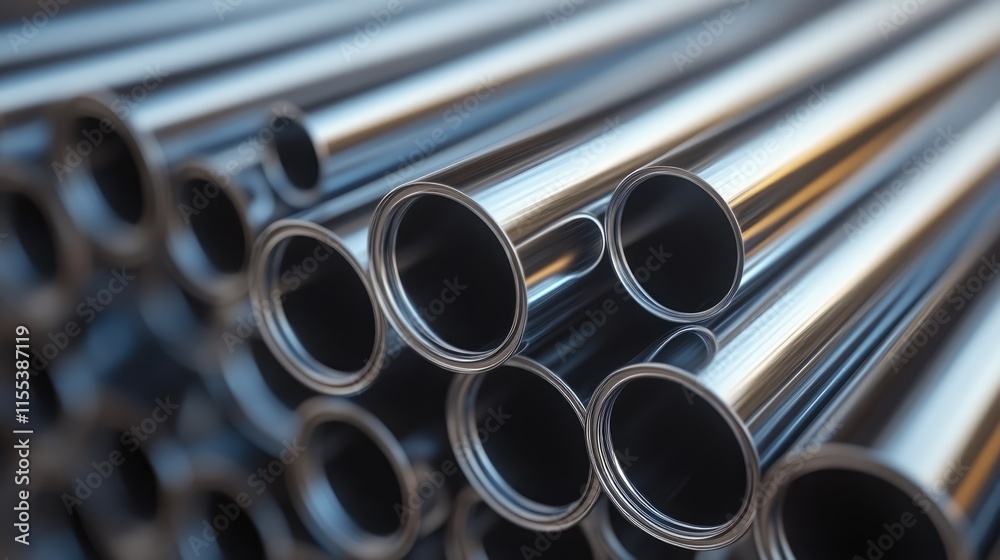 Industrial close-up of a stack of shiny steel pipes showcasing circular openings and polished surfaces highlighting manufacturing materials. Industrial close-up of a stack of shiny steel pipes showcasing circular openings and polished surfaces highlighting manufacturing materials.
