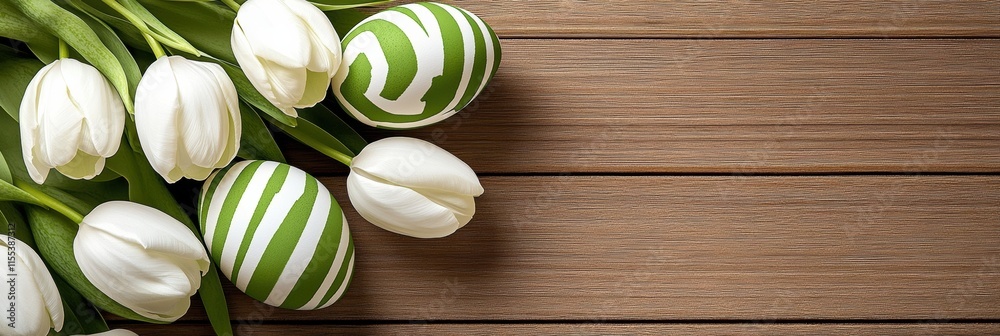 A Serene Easter Scene with Tulips and Decorated Eggs