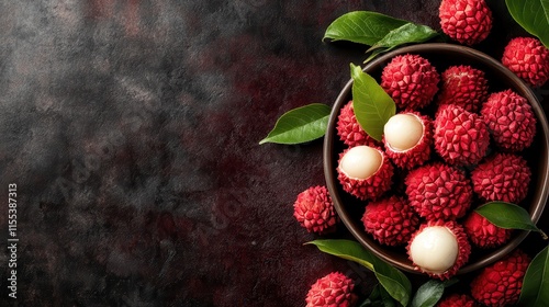 A dark textured surface holds a bowl full of vibrant lychees, partially peeled to reveal their succulent white flesh, alongside scattered fresh green leaves.