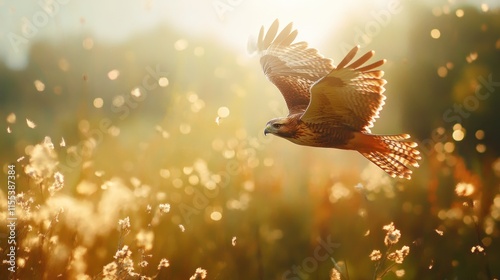 A radiant red-tailed hawk soars over an open meadow, its feathers glowing in the afternoon sun. the image captures the birds commanding presence. 