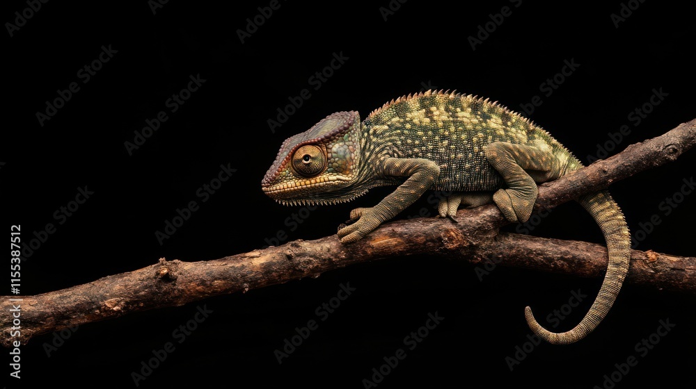 A playful chameleon clings to a branch, its body shifting to an electric mix of greens, yellows, and reds. this close-up highlights the chameleon's dynamic camouflage. A playful chameleon clings to a branch, its body shifting to an electric mix of greens, yellows, and reds. this close-up highlights the chameleon's dynamic camouflage.