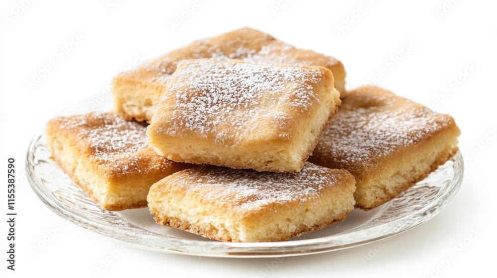Rectangular biscuits dusted with powdered sugar arranged on a clear plate isolated on a white background for culinary presentations Rectangular biscuits dusted with powdered sugar arranged on a clear plate isolated on a white background for culinary presentations