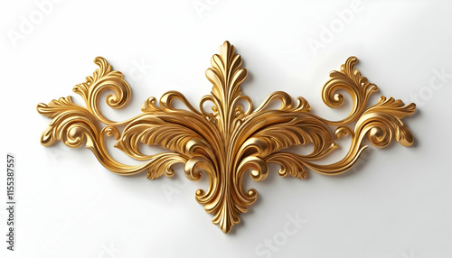A gold, ornate, rococostyle decorative element. Intricate swirling details and a symmetrical design. Luxury, elegant, vintage feel. Ideal for wall decor or architectural accents. photo