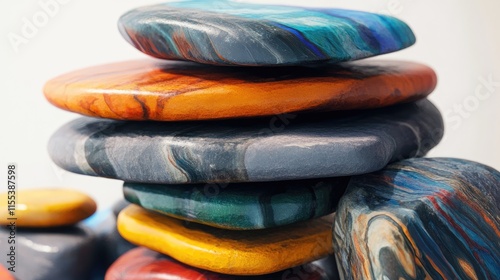 Colorful stacked stone rocks showcasing vibrant textures and patterns, ideal for artistic and natural-themed projects. photo