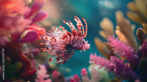 A striking red lionfish hovers gracefully over a coral reef, its bold stripes creating a mesmerizing display. 