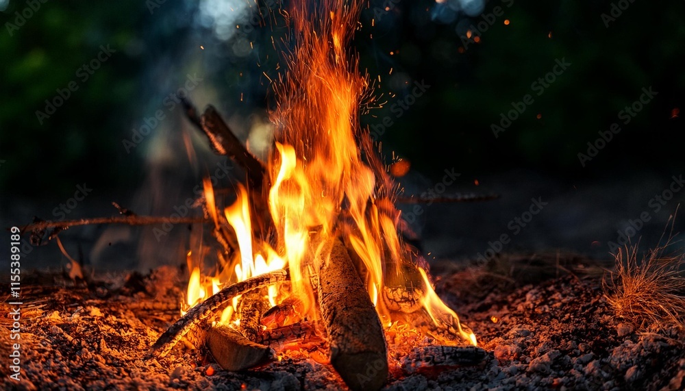 macro vivid bonfire burning intensely on a relaxed summer night inside the wild